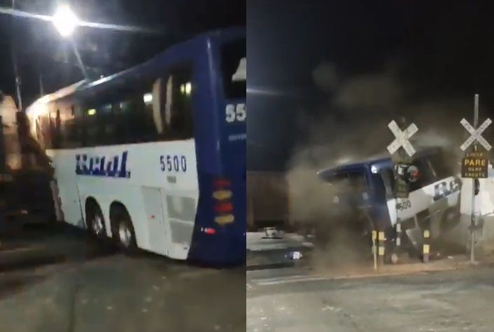 Vídeo mostra momento em que ônibus de turismo é atingido por trem em MG