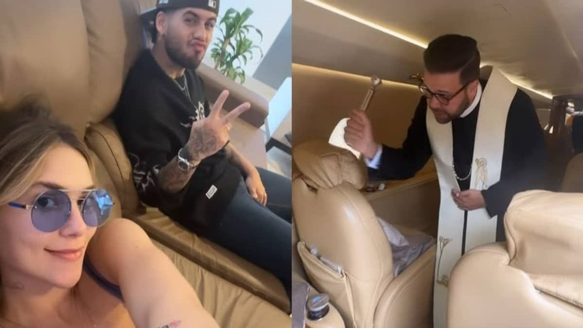 Virginia e Zé Felipe chamam padre para abençoar novo avião do casal