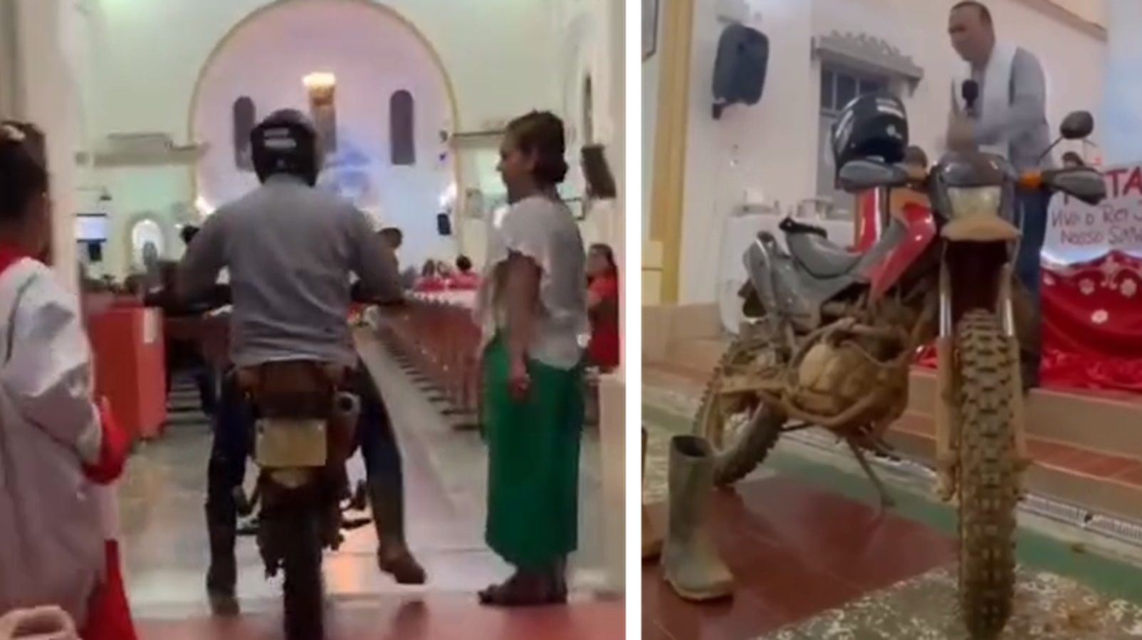 Vídeo: padre entra de moto em igreja e celebra missa no Acre com veículo no altar