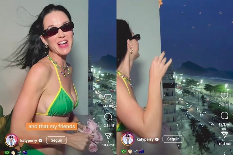 Katy Perry joga rosas pela sacada de hotel em agradecimento aos fãs brasileiros