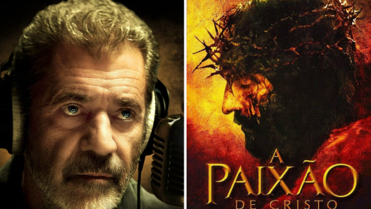 montagem com imagem do ator mel gibson e do cartaz do filme a paixão de cristo, dirigido por ele