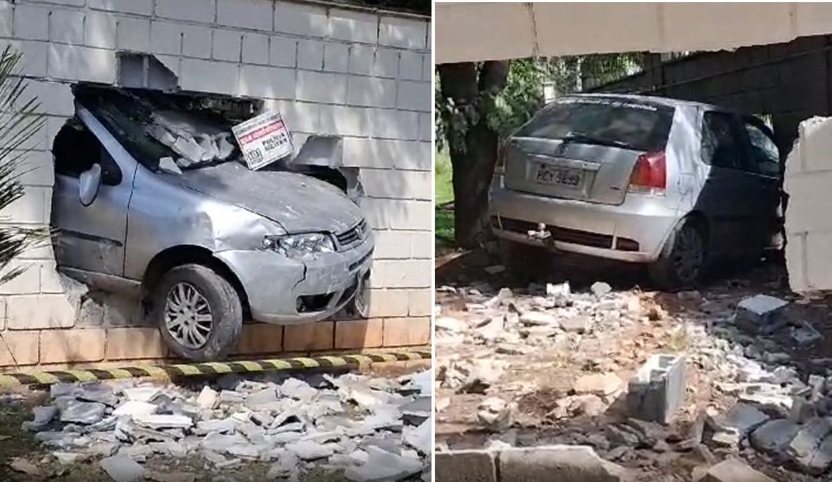 Vídeo: carro desgovernado invade condomínio em BH e fica preso em muro