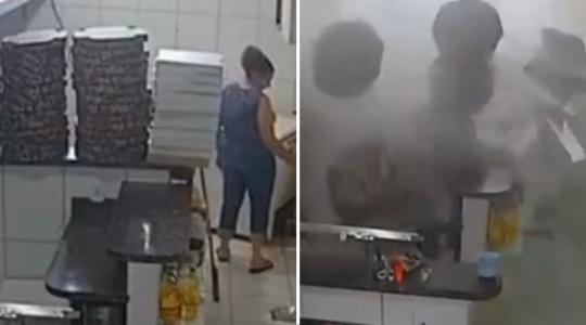Foto mostra panela de pressão explodindo em pizzaria de Buritis (MG)