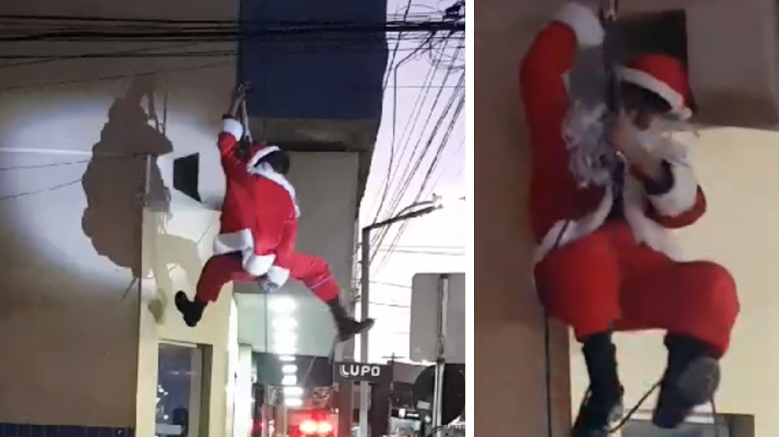 Vídeo: Papai Noel desce prédio de rapel, mas fica preso pela barba no interior de MG