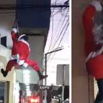 Vídeo: Papai Noel desce prédio de rapel, mas fica preso pela barba no interior de MG