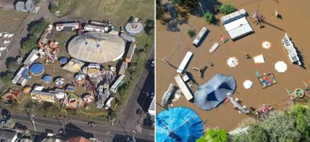 Foto mostra parque de diversões antes e depois de enchente no Rio Grande do Sul