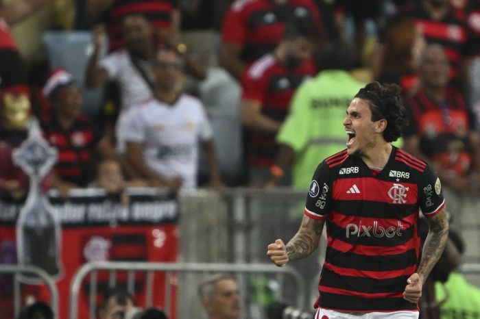 Pedro comemora o primeiro gol na partida entre Flamengo e Palestino, pela Libertadores