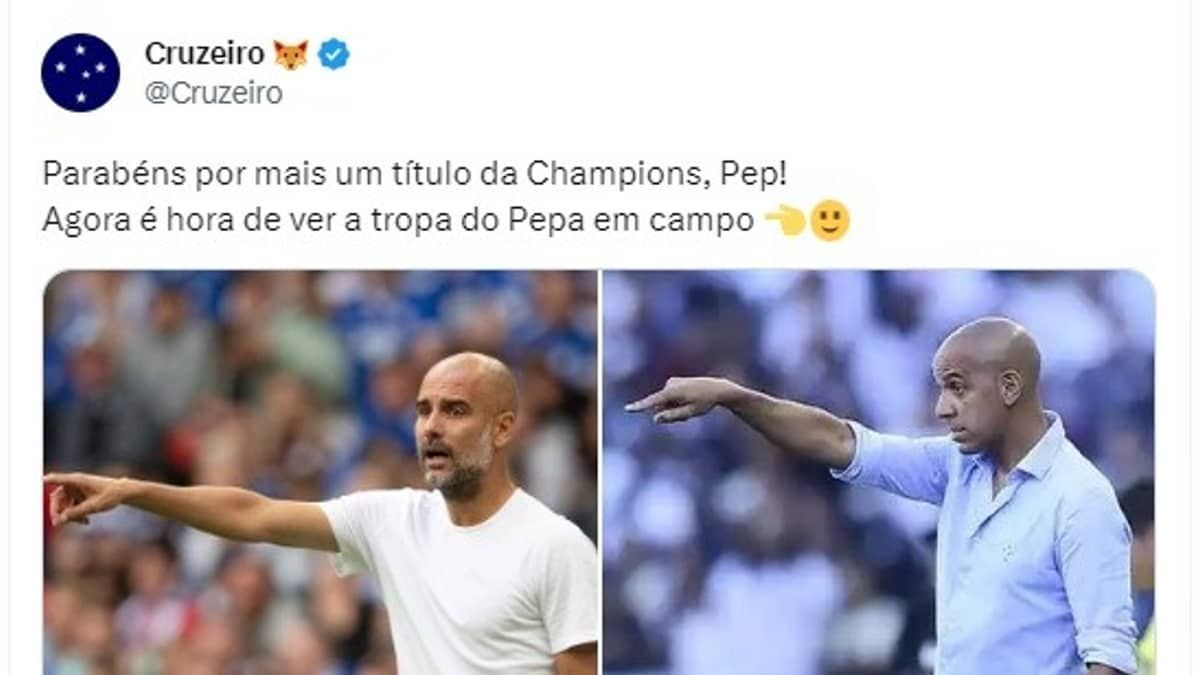 Cruzeiro parabeniza Pep por título na Champions, e exalta 'tropa do Pepa'