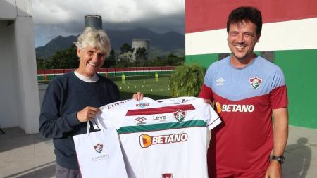 Pia Sundhage com Fernando Diniz no CT do Fluminense