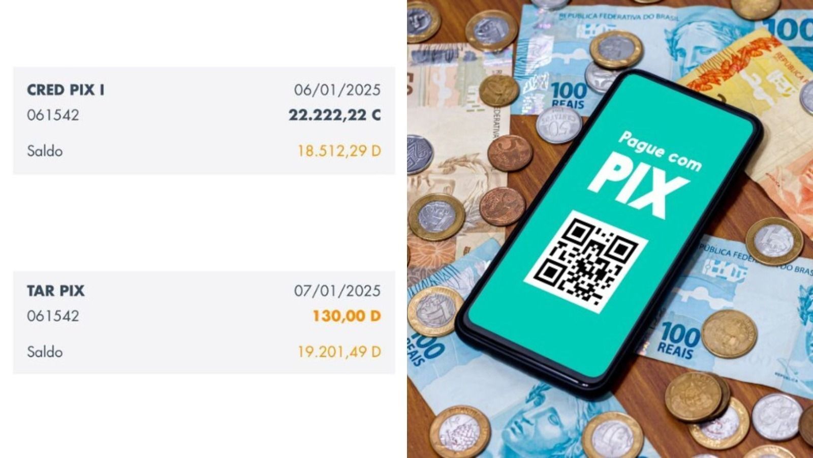 Empresário mostra extrato com cobrança de Pix da Caixa Econômica Federal