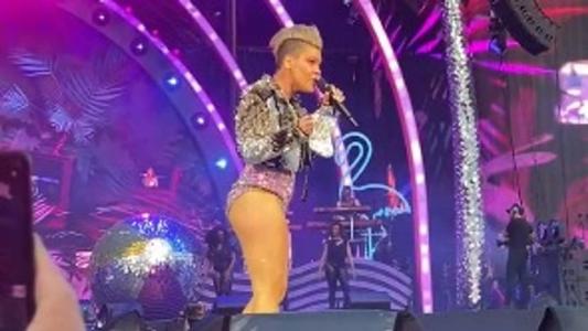 P!nk segurando saco plástico com as cinzas da mãe de um fã