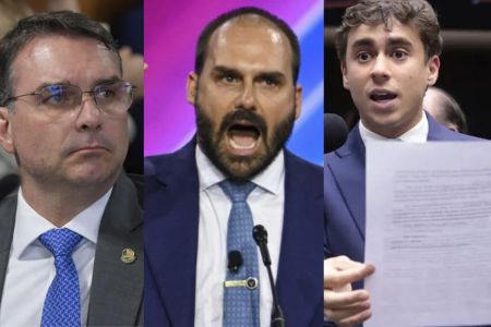 Flávio Bolsonaro (PL), Eduardo Bolsonaro (PL) e Nikolas Ferreira (PL)