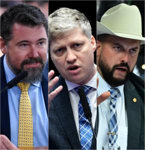 Os deputados Marcos Pollon (esq), Marcel van Hattem (ce) e Zé Trovão (dir)