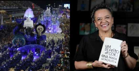 à esquerda, desfile da escola de samba portela; à direita, escritora ana maria gonçalves segurando o livro um defeito de cor