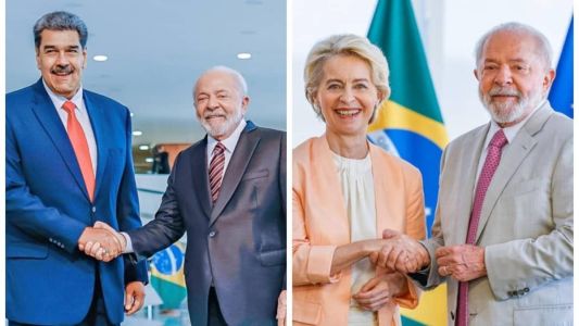 Presidente brasileiro, Luiz Inácio Lula da Silva; presidente da Venezuela, Nicolas Maduro e presidente do Conselho da União Europeia Ursula von der Leyen