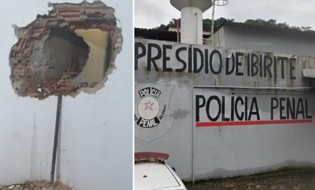 Foto mostra buraco em parede de presídio e fachada de unidade prisional em Ibirité (MG)