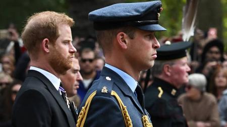 Príncipes Harry e William lado a lado durante procissão do funeral da Rainha Elizabeth II