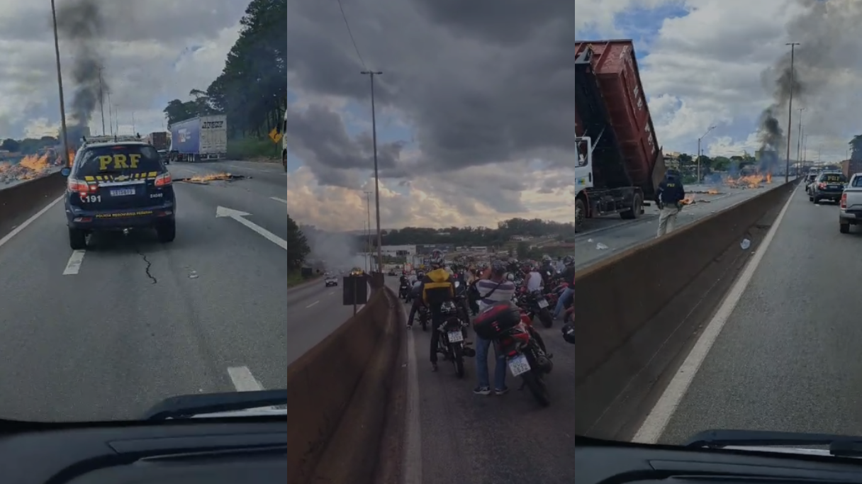 Vídeo: protesto de moradores fecha pista na rodovia Fernão Dias na Grande BH