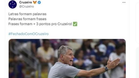 Publicação do Cruzeiro no Twitter, após triunfo sobre o Fortaleza