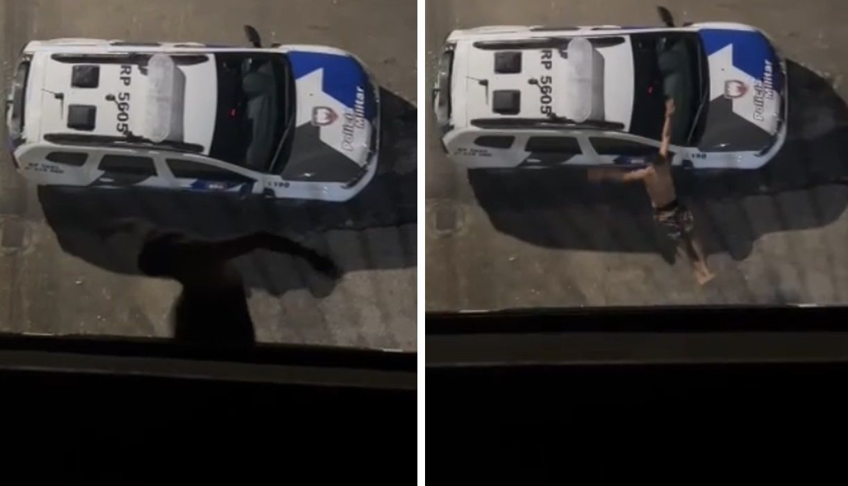 Vídeo: suspeito de tráfico pula de prédio para fugir da PM e bate cabeça em viatura