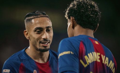 Raphinha comemora gol com Lamine Yamal na temporada 2025/2026 pelo Barcelona