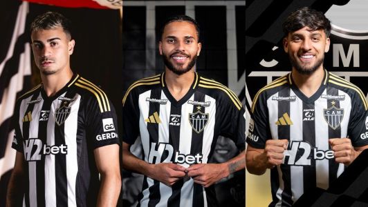 Reinier, Alexsander e Biel com fotos de anúncio como reforços do Atlético em 2025