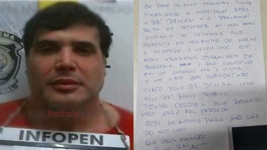 Montagem com a foto de Renê Júnior 'fichado' na polícia e a carta escrita por ele