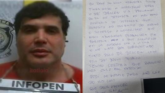 Montagem com a foto de Renê Júnior 'fichado' na polícia e a carta escrita por ele