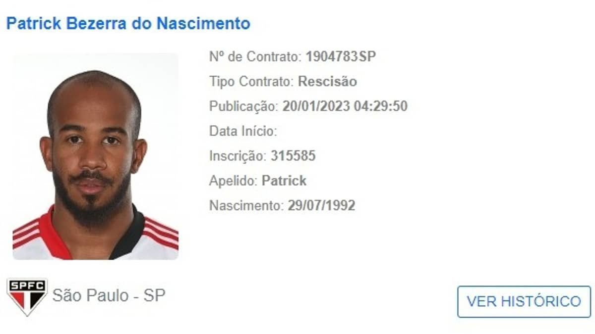 Atlético: rescisão de Patrick com o São Paulo é publicada no BID