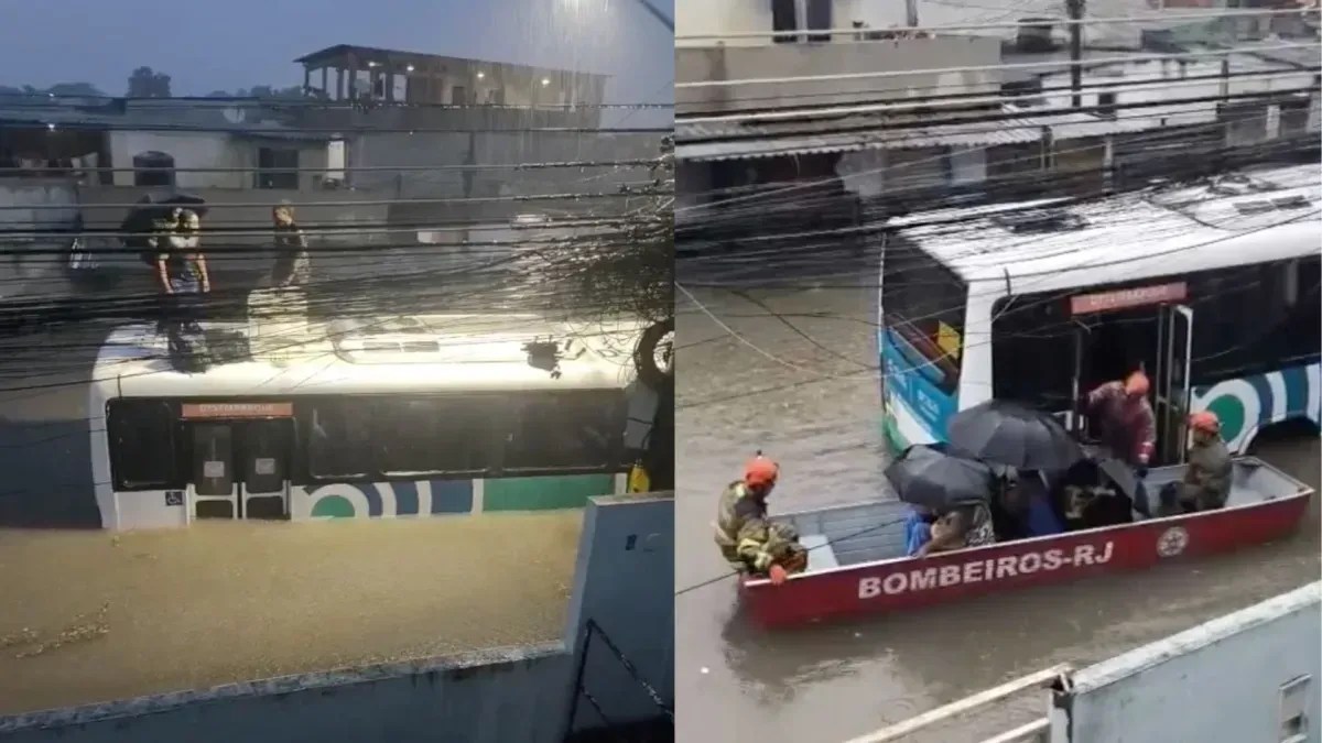 Vídeo: ônibus fica ilhado e bombeiros resgatam 20 passageiros durante forte chuva no RJ