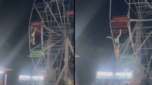 Em um vídeo que circula nas redes sociais, a menina de 11 anos aparece pendurada no brinquedo ainda em movimento