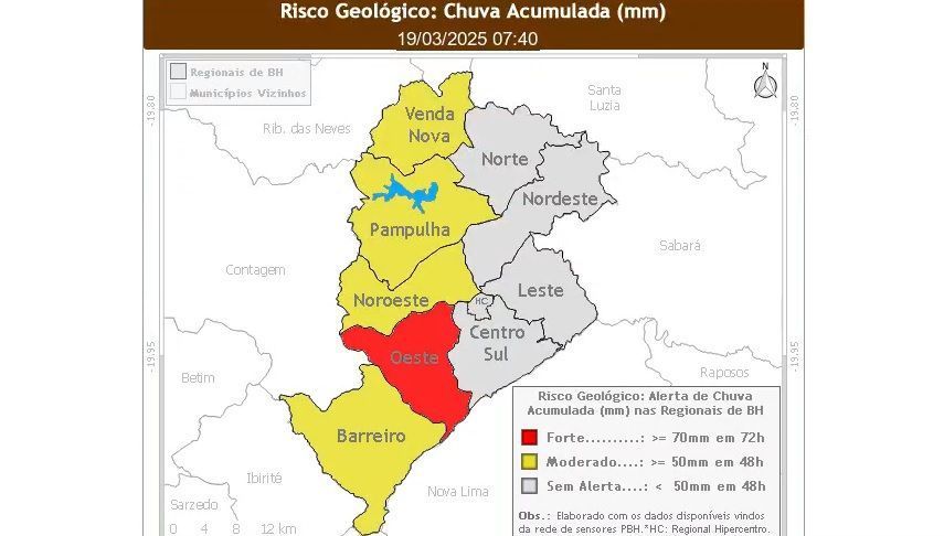 Temporal em BH deixa cinco regionais em alerta de risco de deslizamento e desmoronamento
