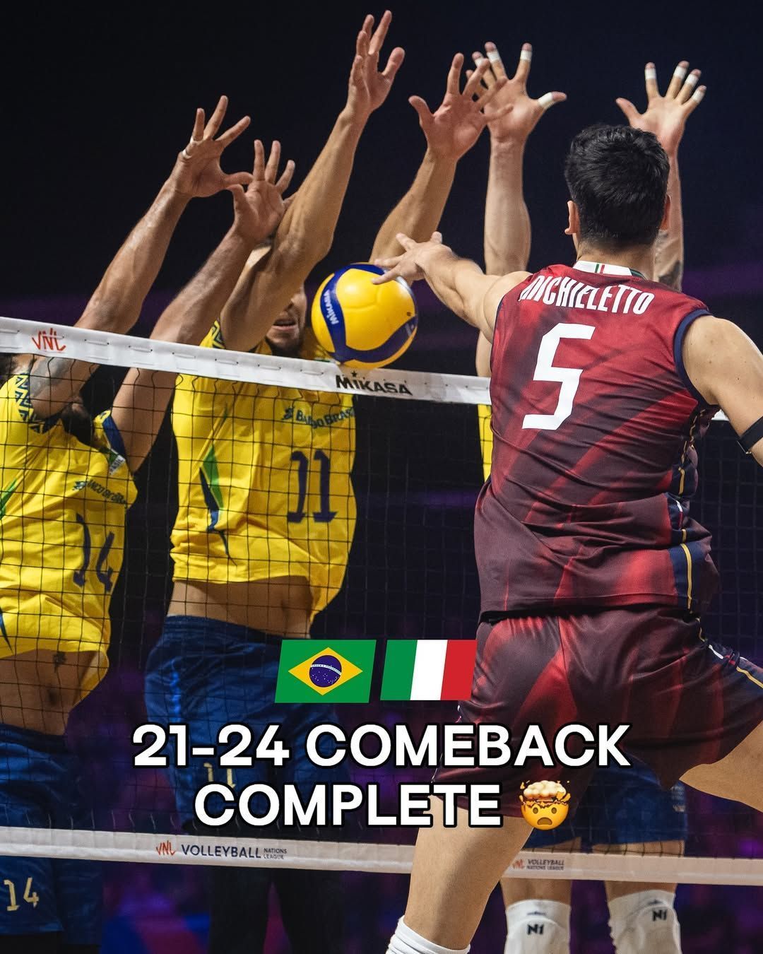Brasil vence Itália no tie-break e mantém liderança da Liga das Nações de Vôlei