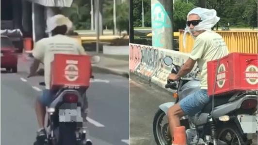 Sem capacete, motoqueiro tenta dispitar PM com sacola na cabeça e vira meme