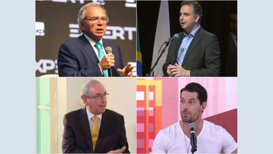 Paulo Guedes e Eduardo Cunha, à esquerda; Rodrigo Pacheco e Marco Antônio Costa, à direita