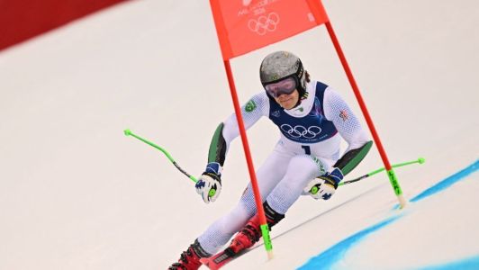 Lucas Pinheiros Braahten em ação na final do slalom gigante 200m na Olimpíada de Inverno