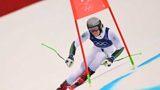 Lucas Pinheiros Braahten em ação na final do slalom gigante 200m na Olimpíada de Inverno