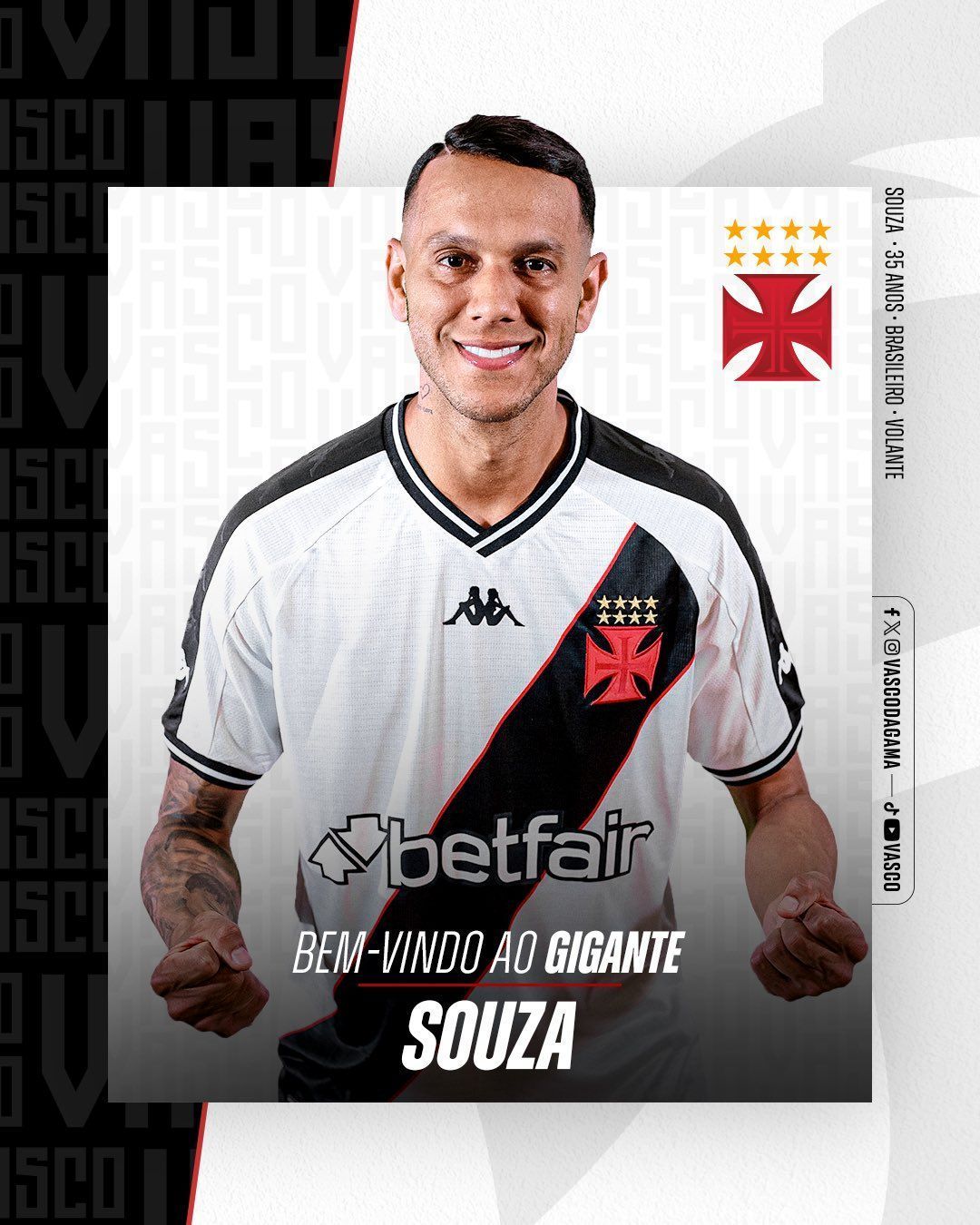 Vasco anuncia a contratação do volante Souza, segundo reforço da janela