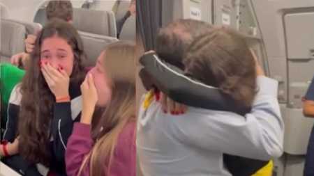 Surpresa emocionou pai, filha e amigos de turma