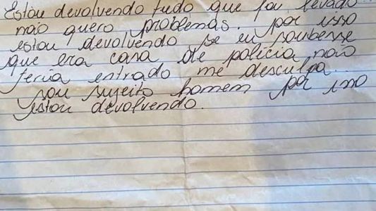 Suspeito devolveu itens furtados e deixou bilhete de desculpas após descobrir que dono da casa era delegado