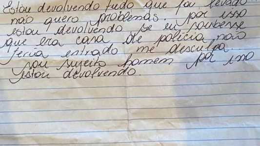 Suspeito devolveu itens furtados e deixou bilhete de desculpas após descobrir que dono da casa era delegado