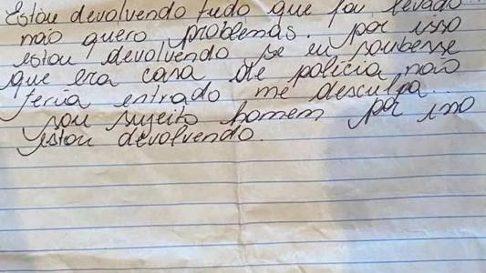 Suspeito devolveu itens furtados e deixou bilhete de desculpas após descobrir que dono da casa era delegado