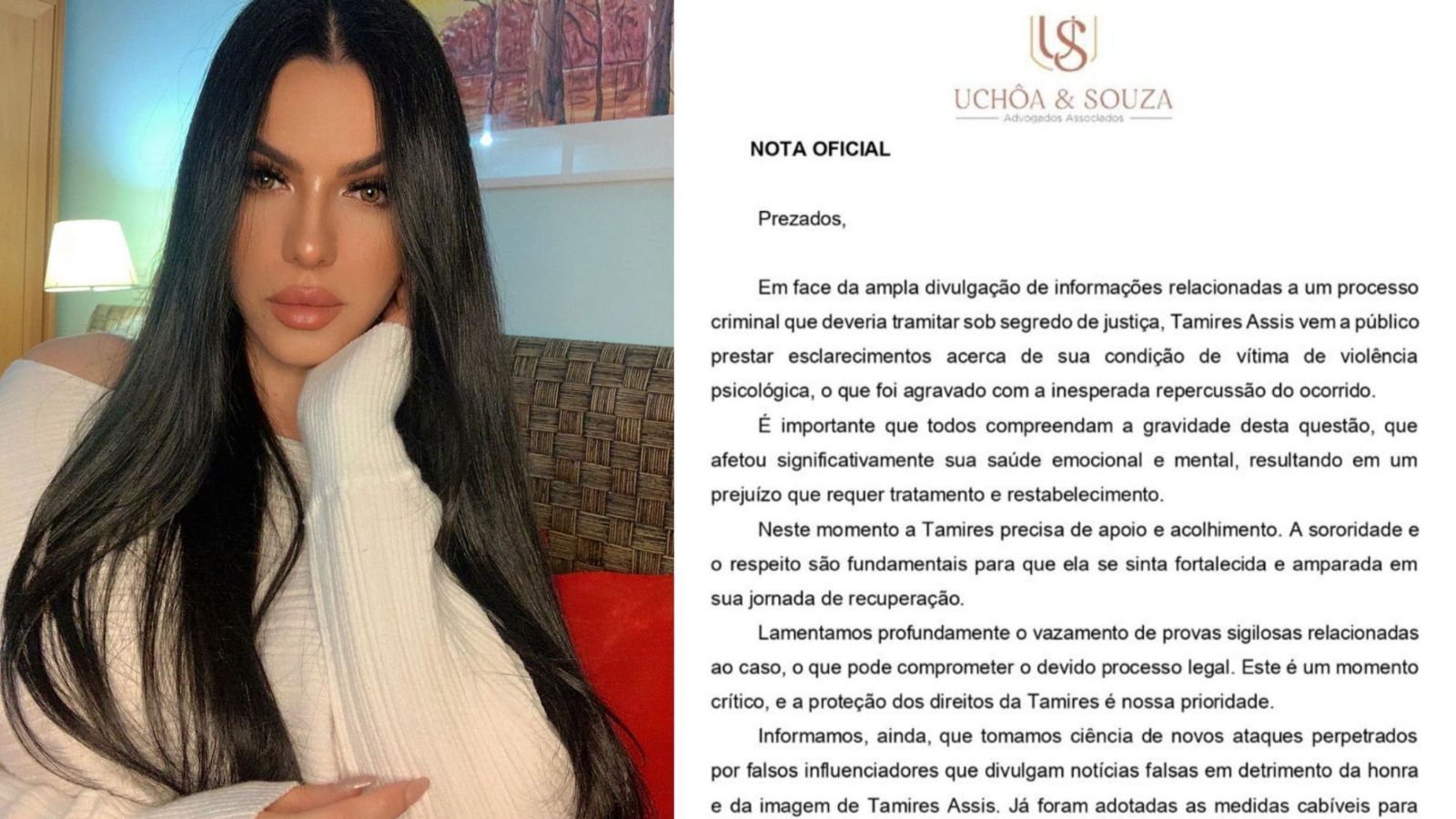 Tamires Assis volta a falar sobre processo movido contra Davi, do BBB 24: 'adotadas medidas cabíveis'