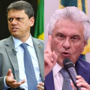 Os governadores de São Paulo, Tarcísio de Freitas (Republicanos), e de Goiás, Ronaldo Caiado (União Brasil)