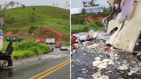 Acidente com caminhão na BR-381 próximo a João Monlevade deixa carga espalhada na pista