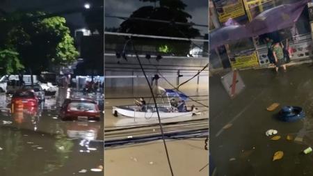 Temporal no Rio: vídeo mostra alagamentos e moradores ilhados circulando de barco em avenida