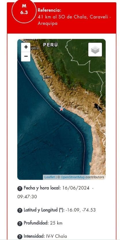 Terremoto de 6,3 magnitude atinge o sul do Peru