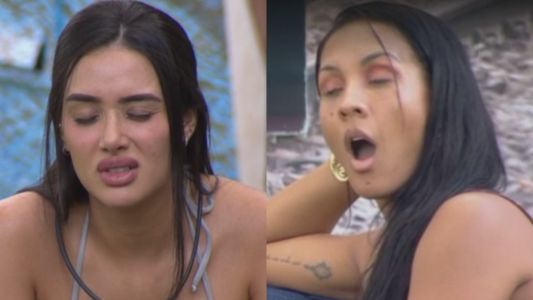 Montagem com os rostos de Jordana e Maxiane conversando no BBB 26 com expressões de preocupação e surpresa.