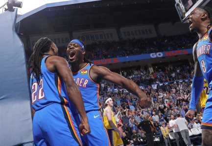 Jogadores do OKC comemoram vitória sobre os Lakers na temporada 2024/2025 da NBA