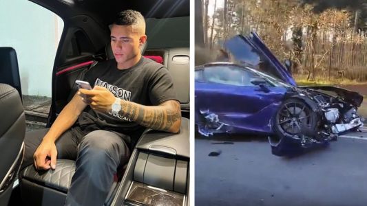 Foto mostra o influencer Harrison Sullivan e seu carro destruído após acidente